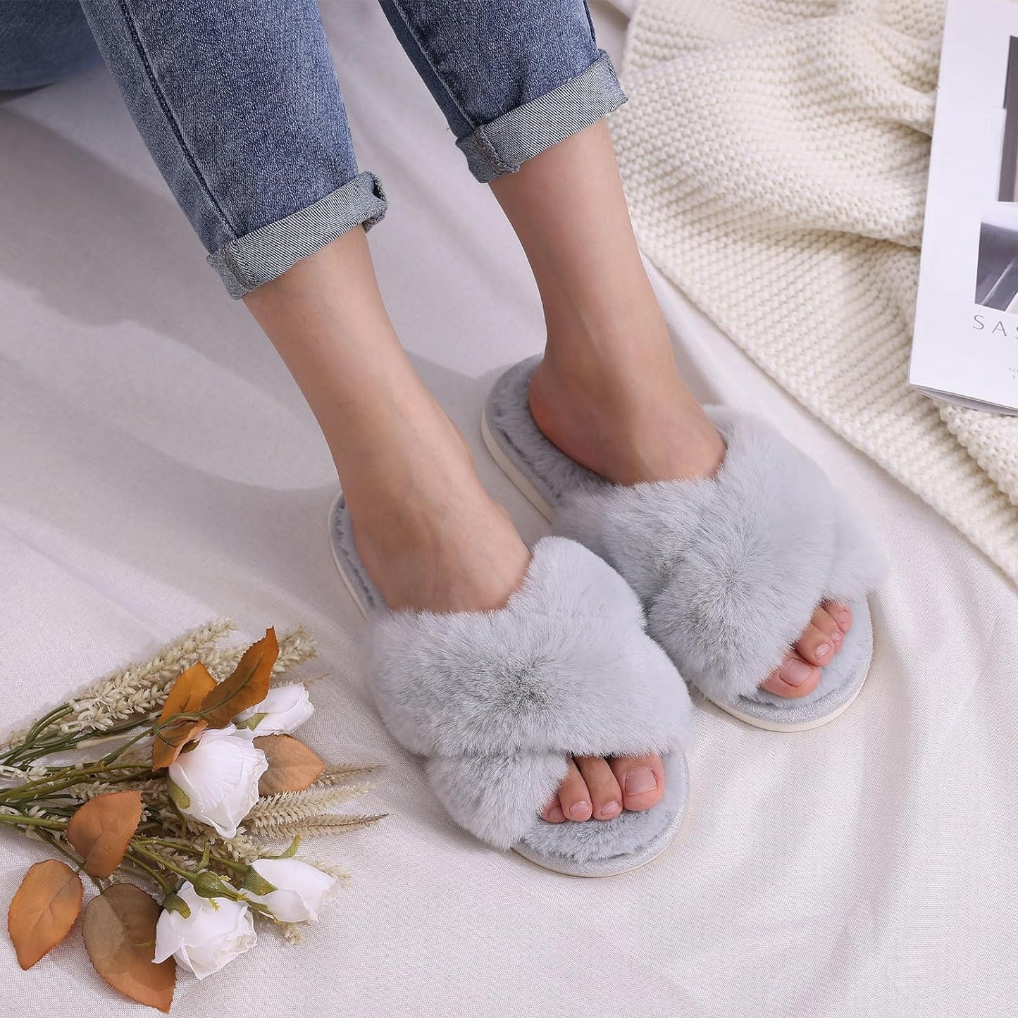 Women'S Fuzzy Slippers Cross Band Memory Foam House Slippers Open Toe